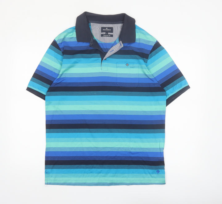 Marks and Spencer Blue Harbour Men's Blue Striped Regular Fit Polo Shirt M