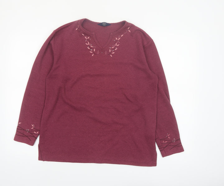 Debenhams Women Red Embroidered V-Neck Knit Jumper Size 10