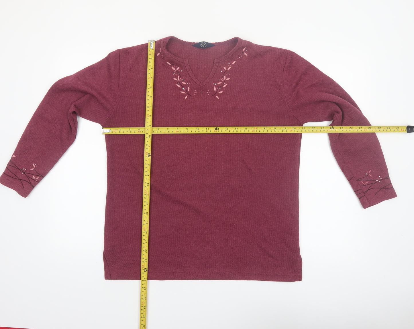 Debenhams Women Red Embroidered V-Neck Knit Jumper Size 10