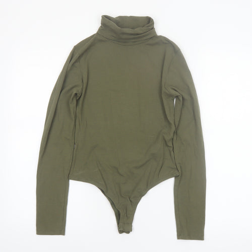 Boohoo Women Khaki Long Sleeve Bodysuit UK 10 Cotton Stretch