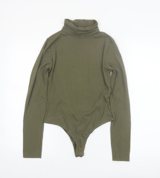 Boohoo Women Khaki Long Sleeve Bodysuit UK 10 Cotton Stretch