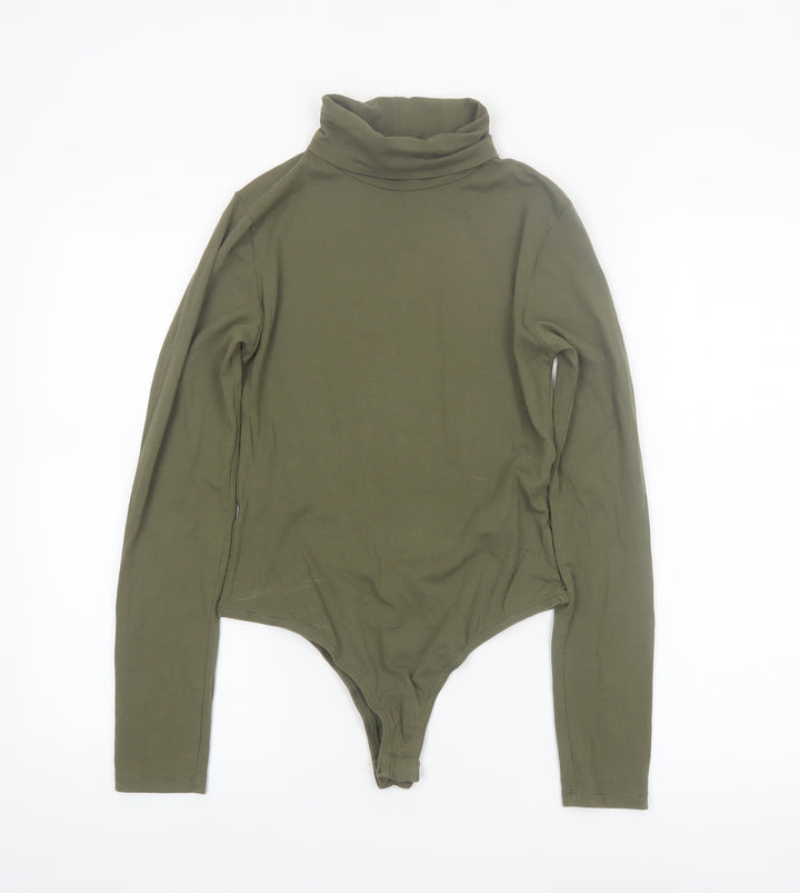Boohoo Women Khaki Long Sleeve Bodysuit UK 10 Cotton Stretch