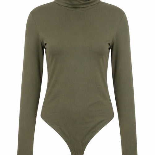 Boohoo Women Khaki Long Sleeve Bodysuit UK 10 Cotton Stretch