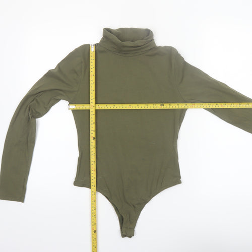 Boohoo Women Khaki Long Sleeve Bodysuit UK 10 Cotton Stretch
