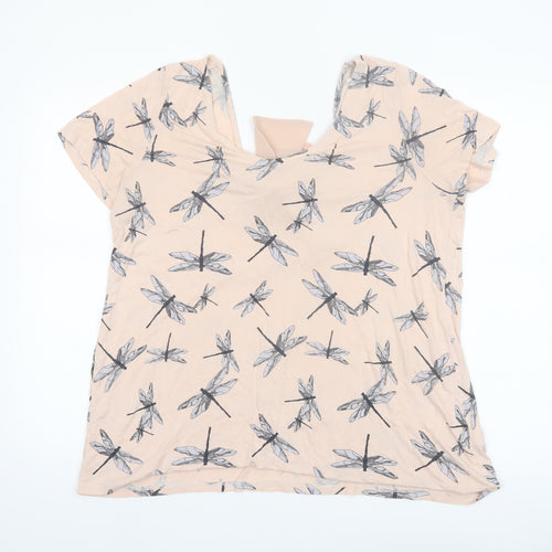 Next Women’s Beige Dragonfly Print Bow Back Viscose T-Shirt Size 16