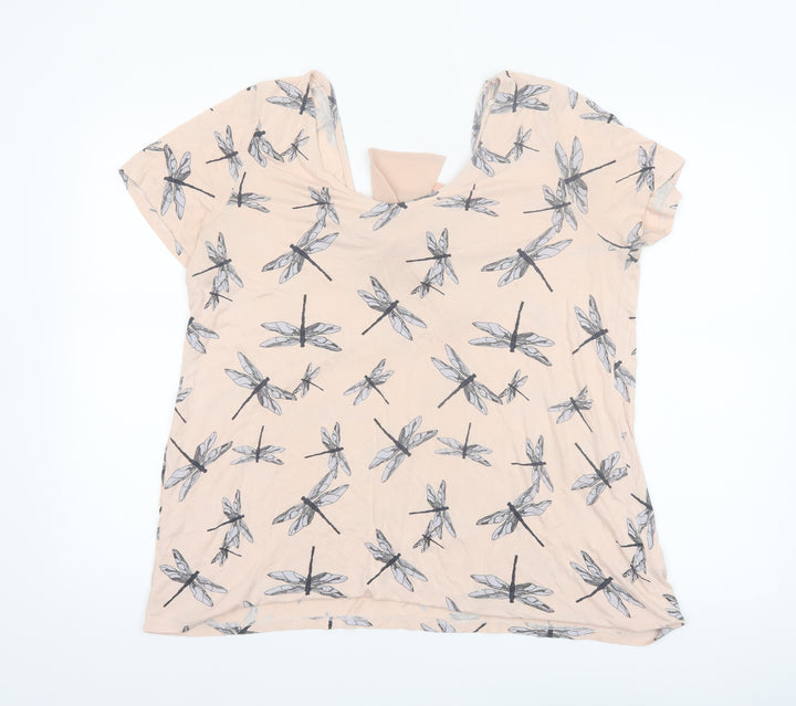 Next Women’s Beige Dragonfly Print Bow Back Viscose T-Shirt Size 16