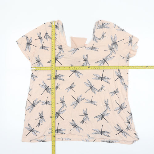 Next Women’s Beige Dragonfly Print Bow Back Viscose T-Shirt Size 16