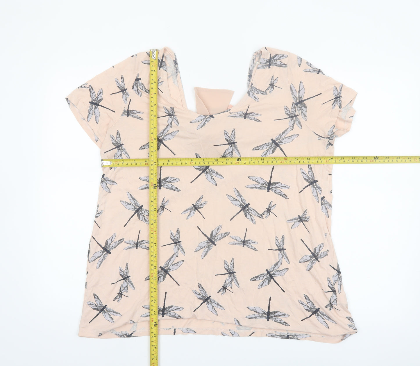Next Women’s Beige Dragonfly Print Bow Back Viscose T-Shirt Size 16