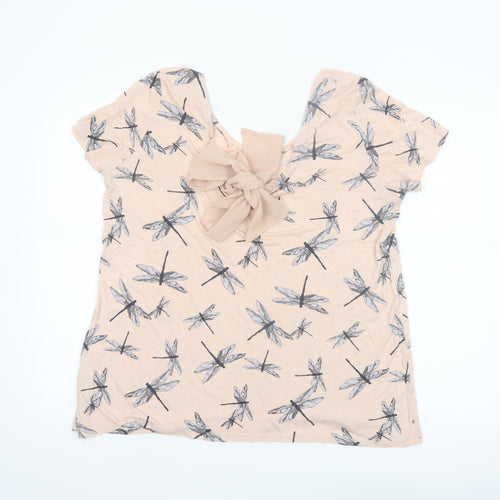 Next Women’s Beige Dragonfly Print Bow Back Viscose T-Shirt Size 16