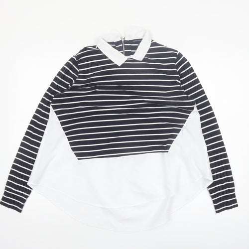French Connection Women's Black Striped Collared Long Sleeve Blouse Size S