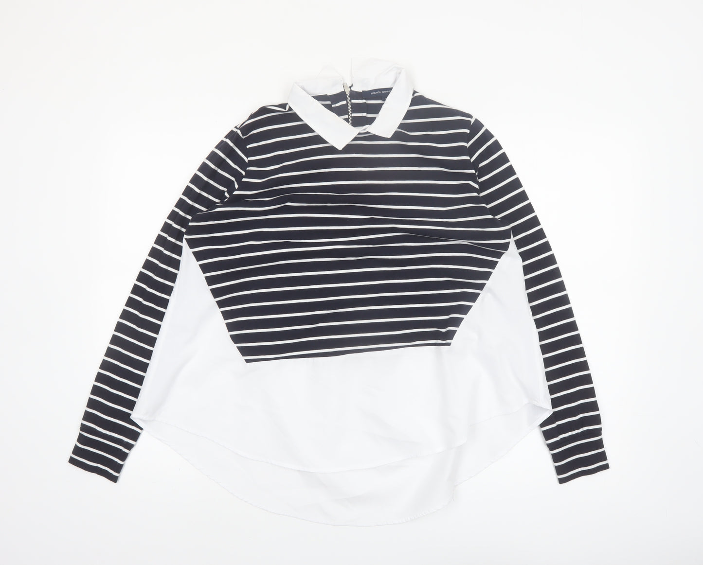 French Connection Women's Black Striped Collared Long Sleeve Blouse Size S
