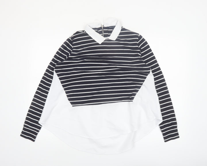French Connection Women's Black Striped Collared Long Sleeve Blouse Size S