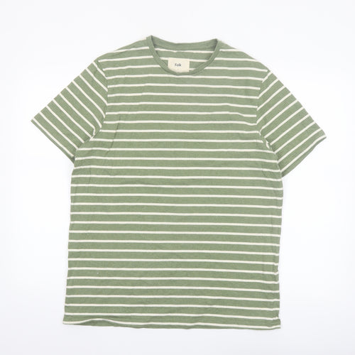 Folk Men’s Green White Striped Crew Neck Cotton T-Shirt Size L