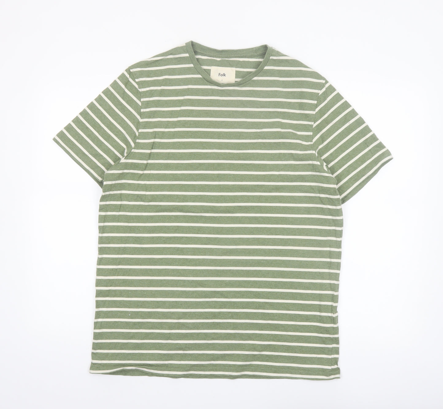 Folk Men’s Green White Striped Crew Neck Cotton T-Shirt Size L
