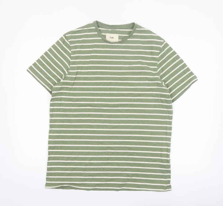 Folk Men’s Green White Striped Crew Neck Cotton T-Shirt Size L