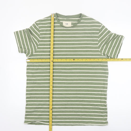 Folk Men’s Green White Striped Crew Neck Cotton T-Shirt Size L