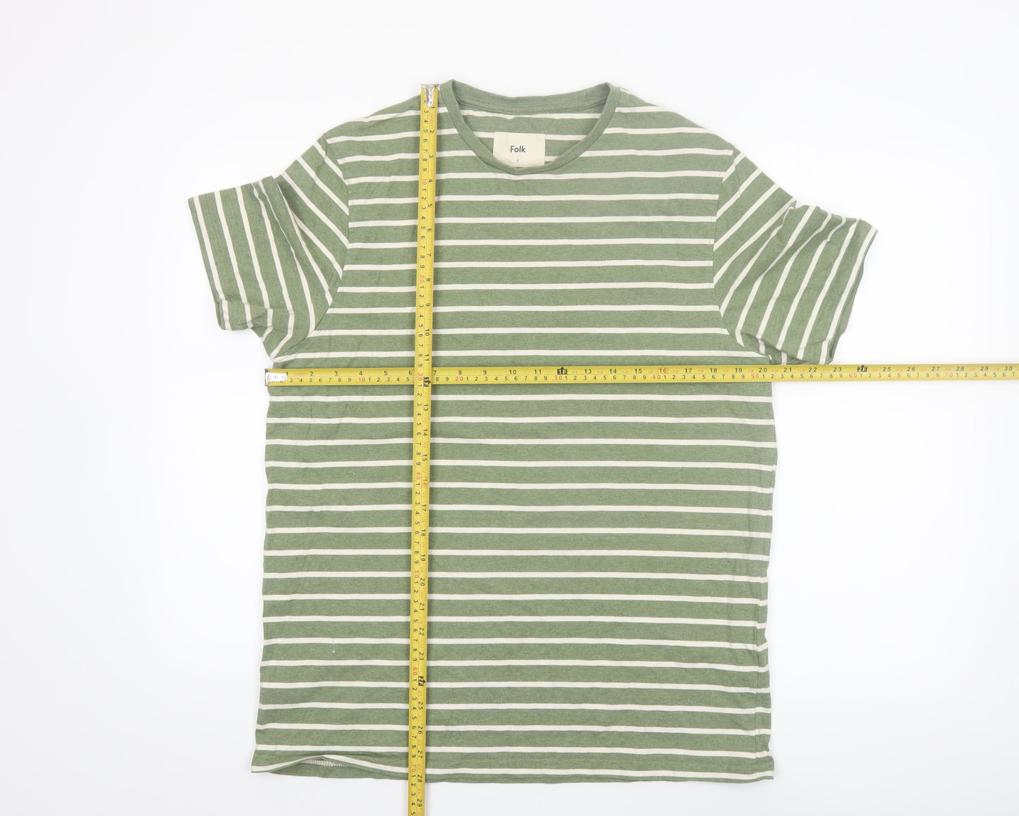 Folk Men’s Green White Striped Crew Neck Cotton T-Shirt Size L