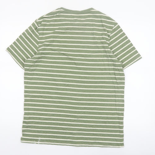 Folk Men’s Green White Striped Crew Neck Cotton T-Shirt Size L