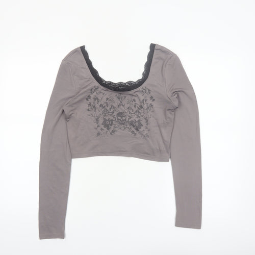 Cider Women Grey Cropped Lace Scoop Neck Long Sleeve T-Shirt Size S