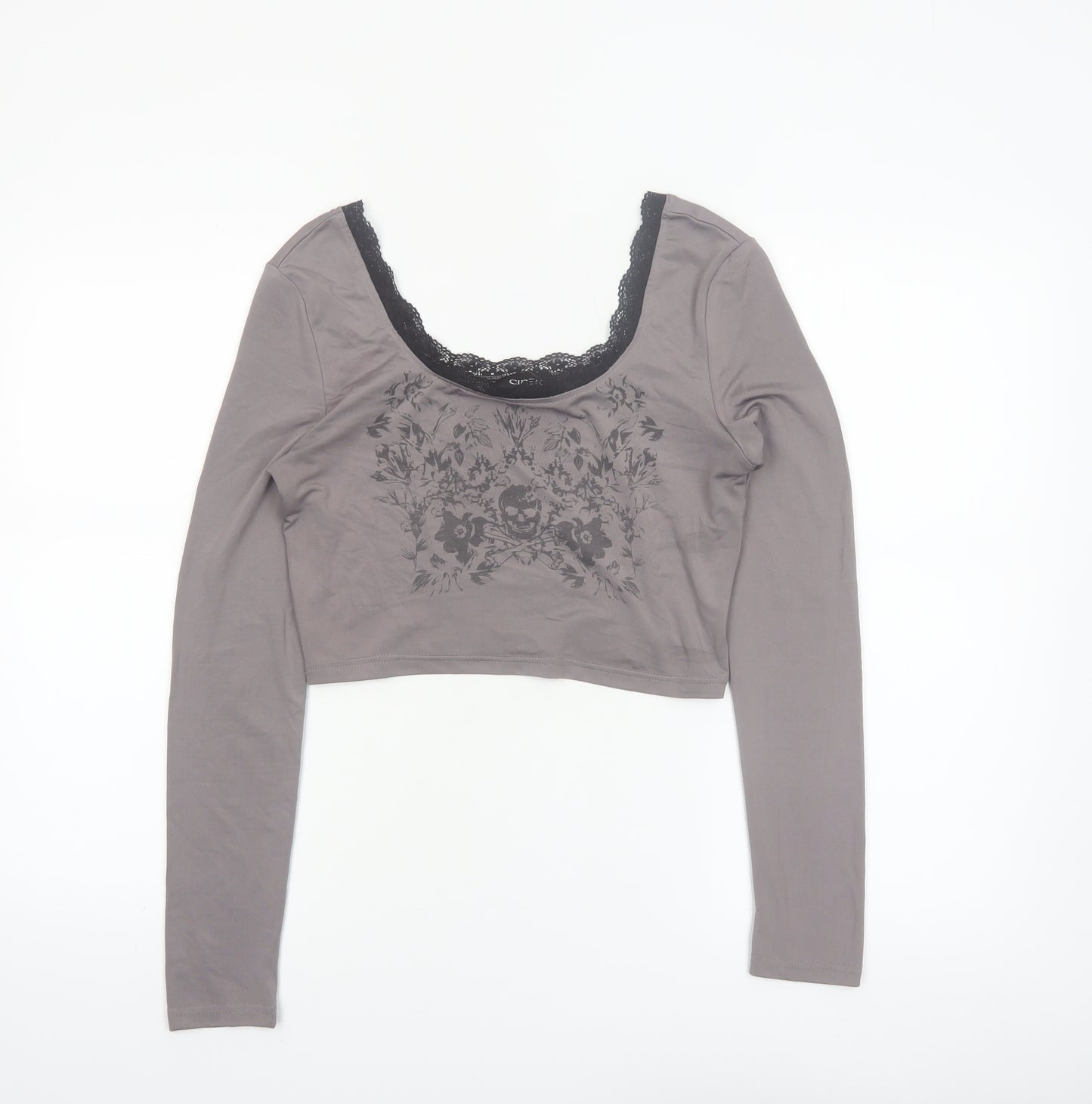 Cider Women Grey Cropped Lace Scoop Neck Long Sleeve T-Shirt Size S