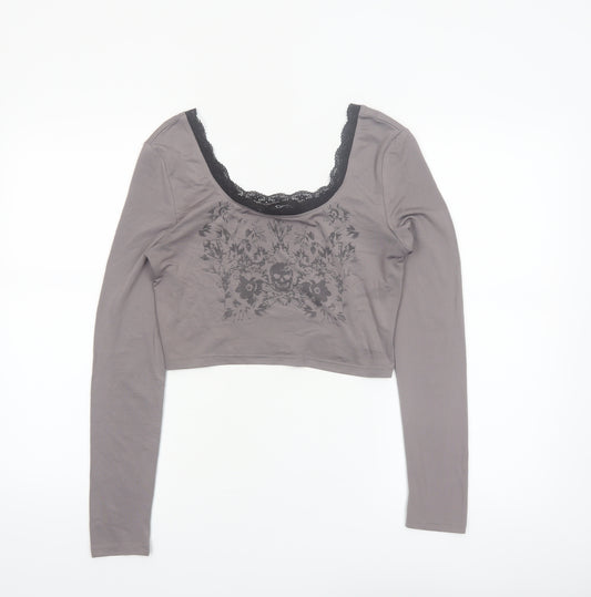 Cider Women Grey Cropped Lace Scoop Neck Long Sleeve T-Shirt Size S
