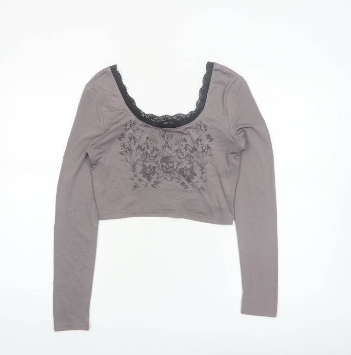 Cider Women Grey Cropped Lace Scoop Neck Long Sleeve T-Shirt Size S