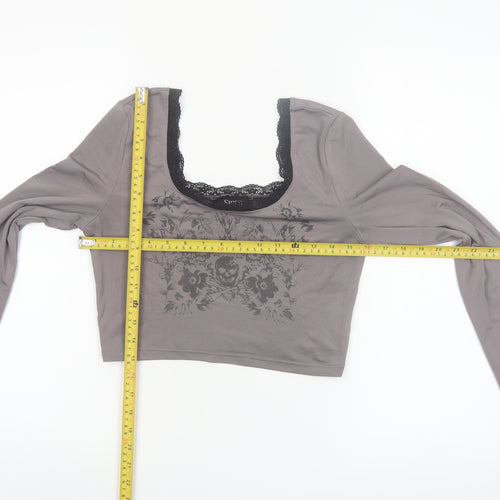 Cider Women Grey Cropped Lace Scoop Neck Long Sleeve T-Shirt Size S