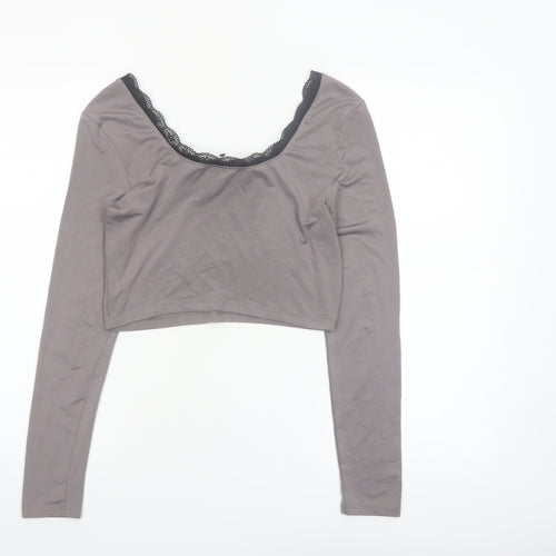 Cider Women Grey Cropped Lace Scoop Neck Long Sleeve T-Shirt Size S