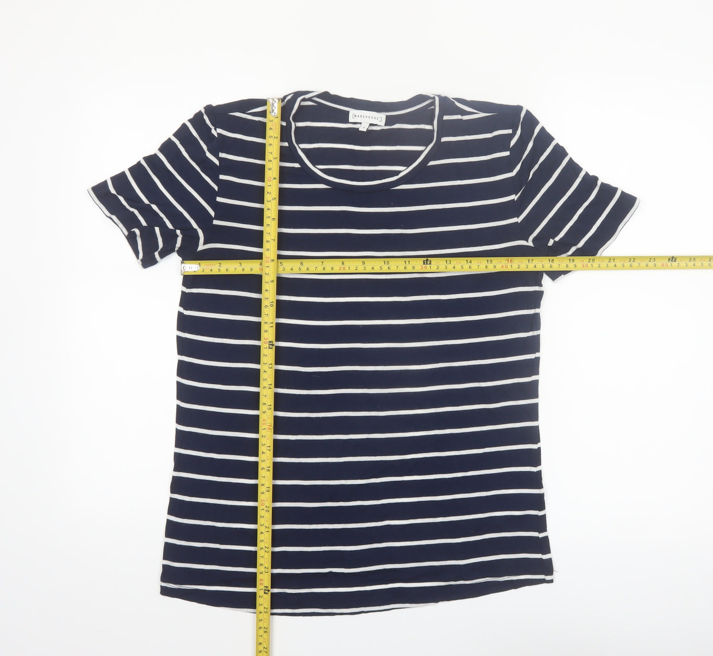 Warehouse Women Blue Striped Crew Neck Short Sleeve T-Shirt Size 10