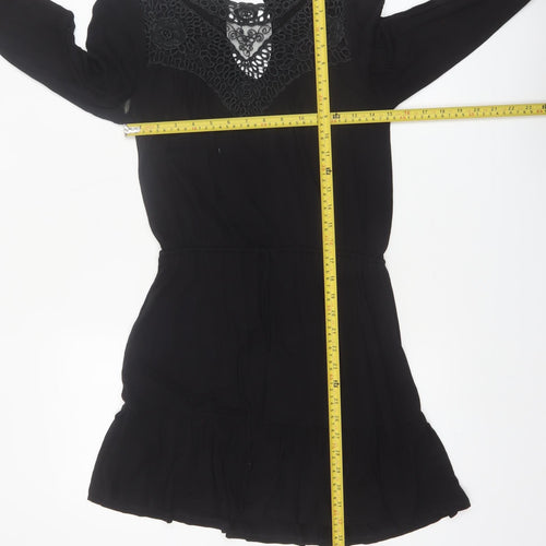 Warehouse Women’s Black Crochet Detail Long Sleeve Short Dress Size 6
