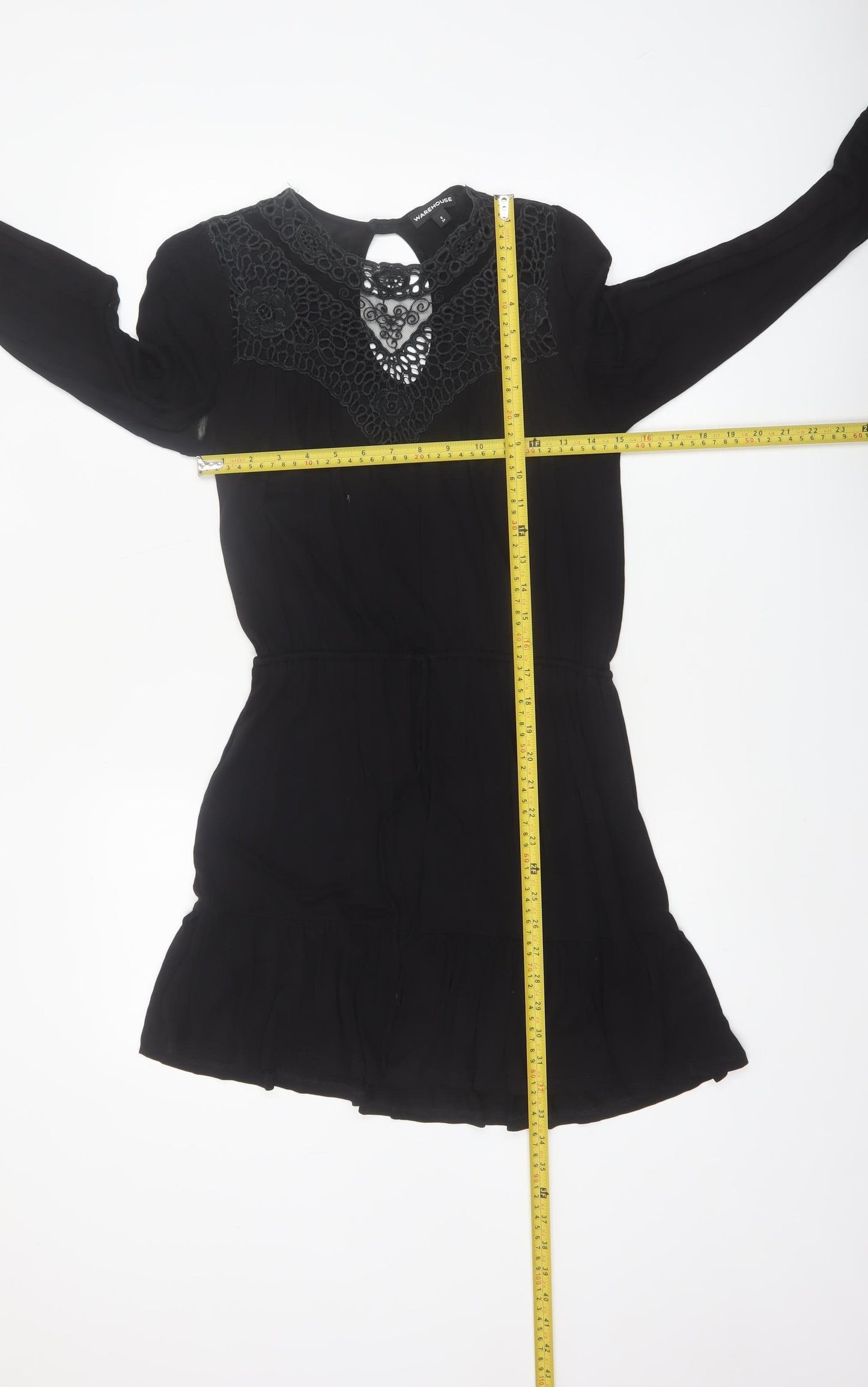 Warehouse Women’s Black Crochet Detail Long Sleeve Short Dress Size 6