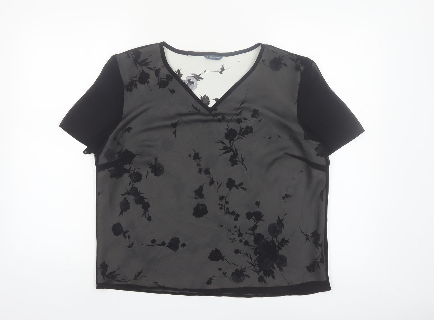 Debenhams Women’s Black Floral Chiffon V-Neck Blouse Size 16