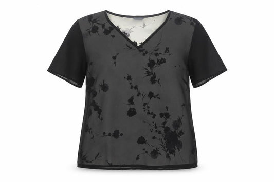 Front view of Debenhams Women’s Black Floral Chiffon V-Neck Blouse, size UK 16