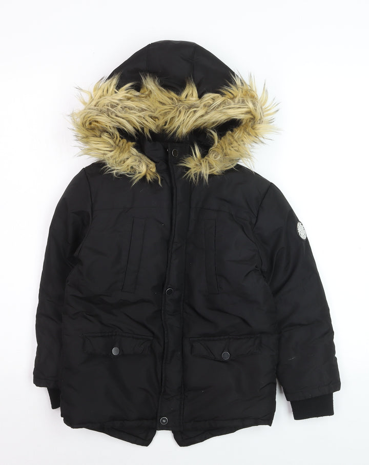 Fox & Bunny by Sinsay Boys Black Faux Fur Hooded Parka Coat 6-7 Years