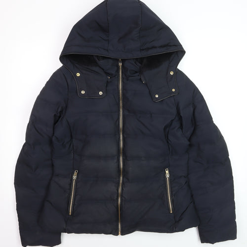 ZARA Women Black Puffer Jacket Hooded Lined Size 14