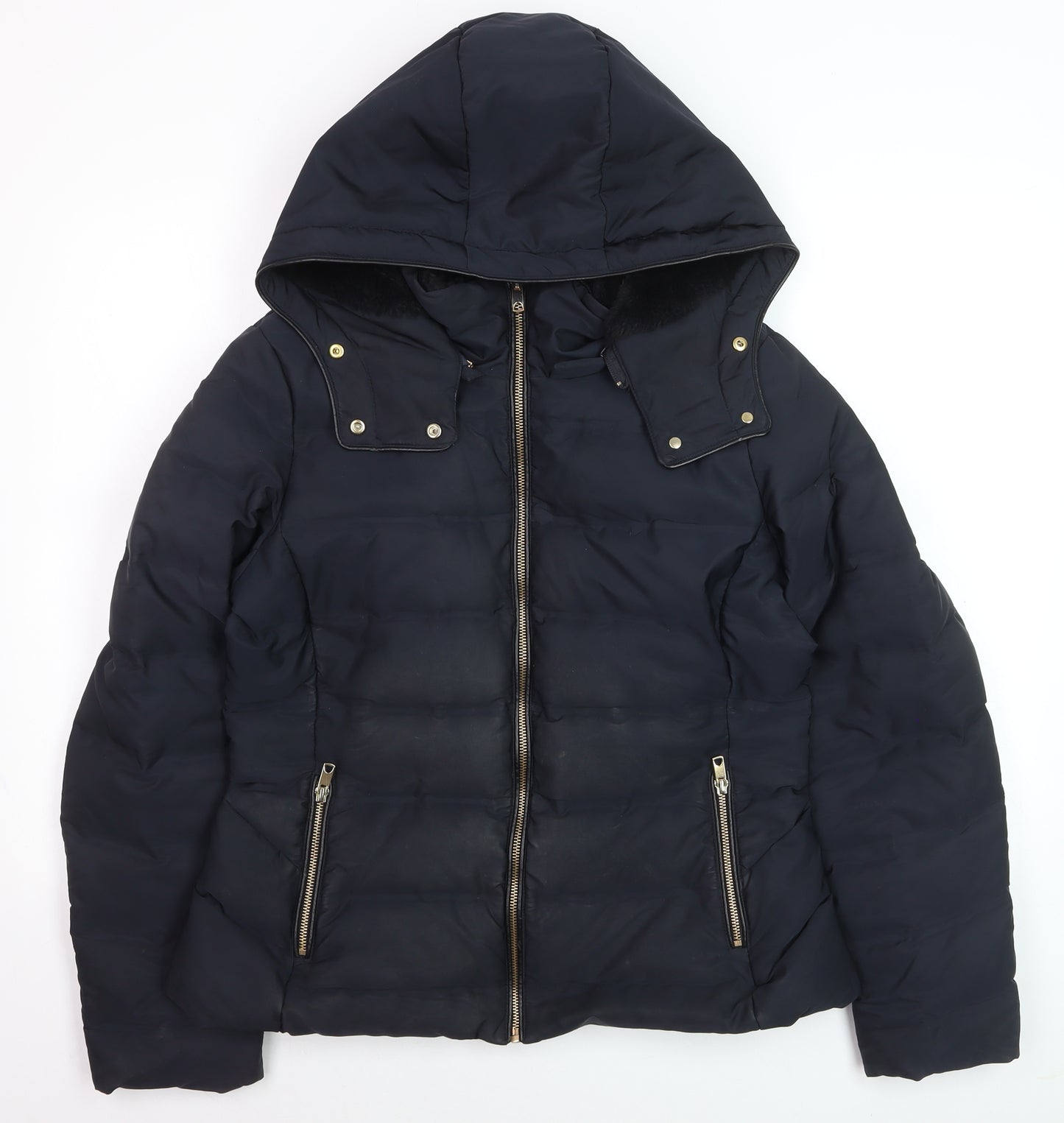 ZARA Women Black Puffer Jacket Hooded Lined Size 14