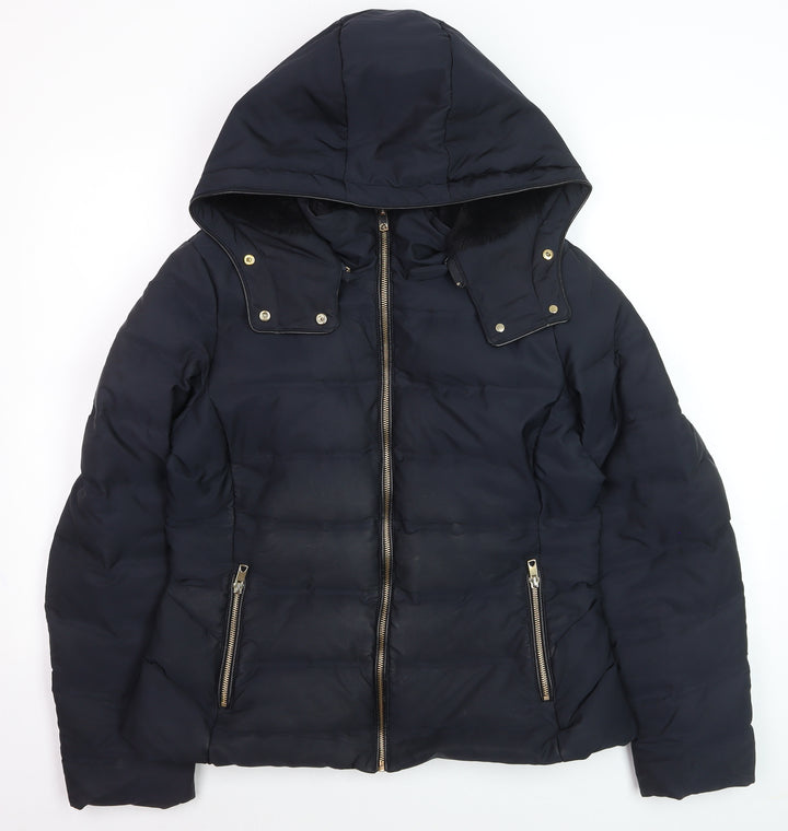 ZARA Women Black Puffer Jacket Hooded Lined Size 14