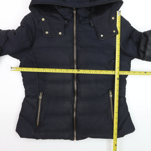 ZARA Women Black Puffer Jacket Hooded Lined Size 14