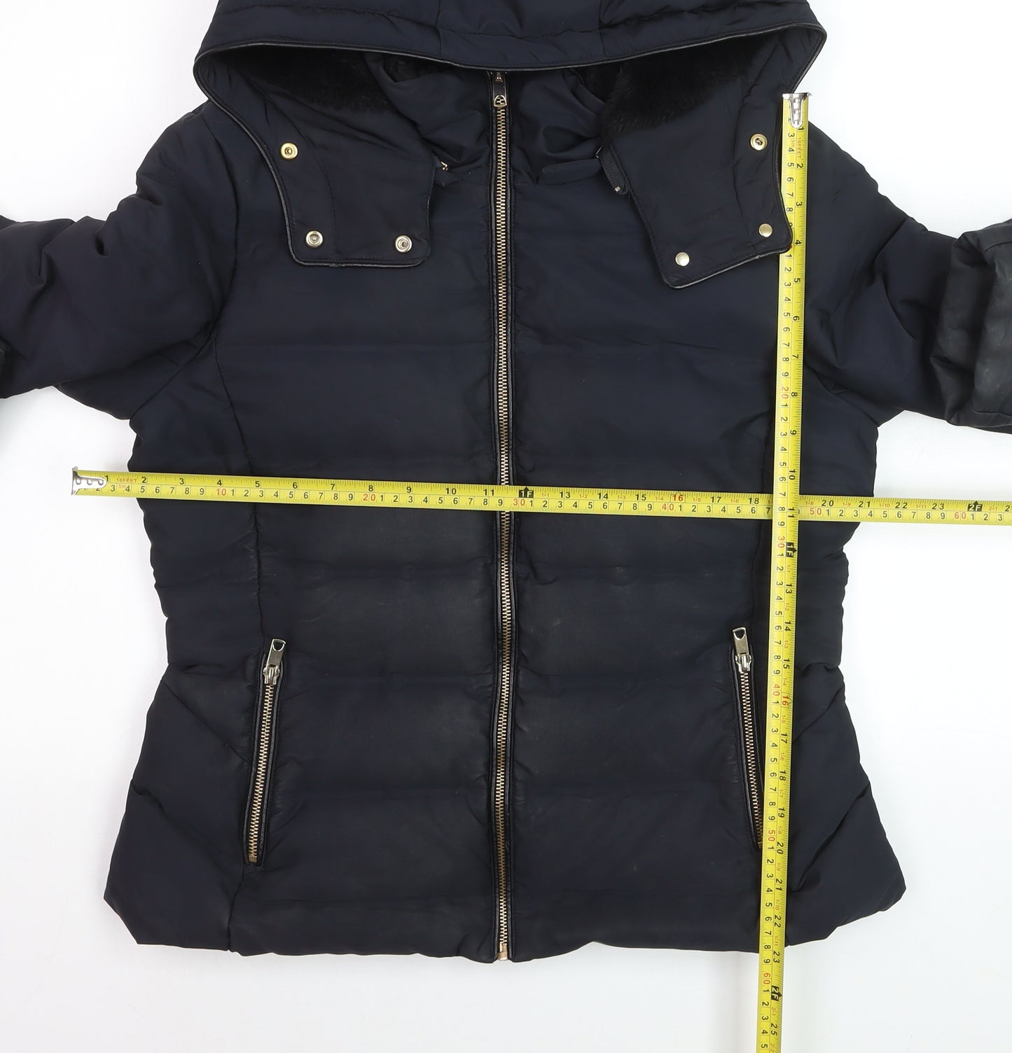 ZARA Women Black Puffer Jacket Hooded Lined Size 14