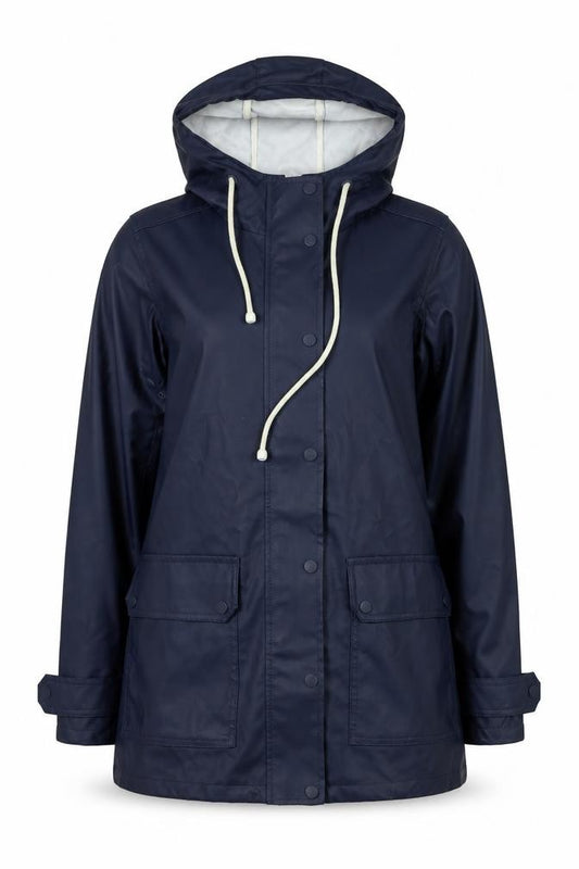Front view of Warehouse women’s blue waterproof hooded rain coat jacket m