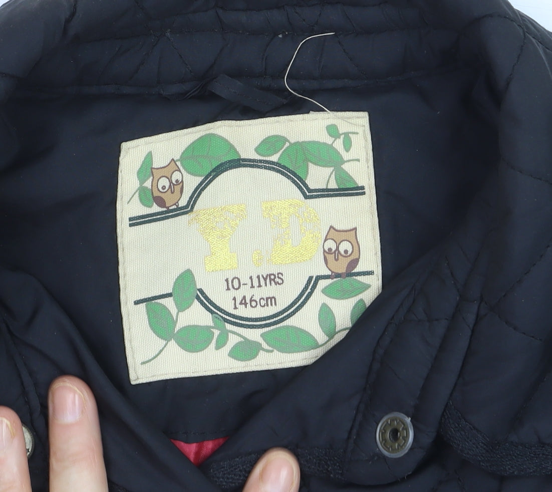 Y.D Boys Black Quilted Mid-Length Jacket 10-11 Years Button Lined Coat