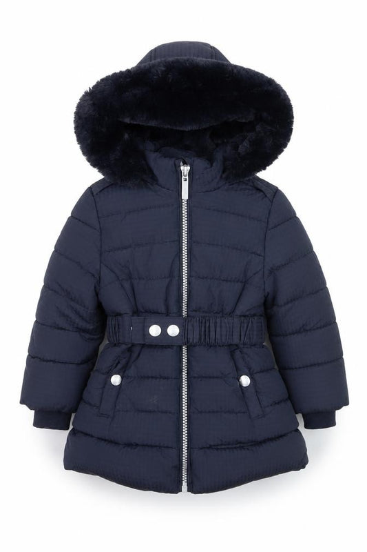 Front view of Maine New England girls’ blue hooded puffer coat 12-18 months winter warm jacket