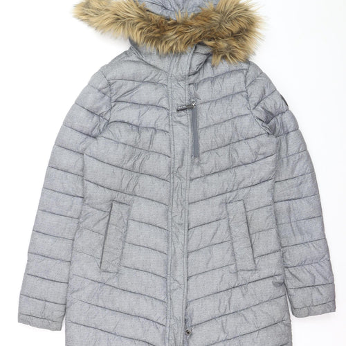 Superdry Women Grey Faux Fur Hooded Long Puffer Coat Size 12