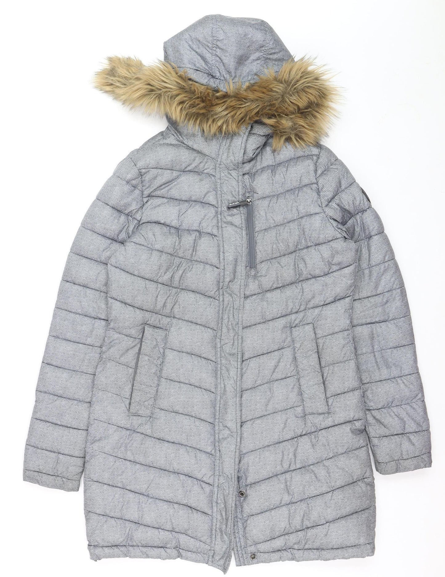 Superdry Women Grey Faux Fur Hooded Long Puffer Coat Size 12