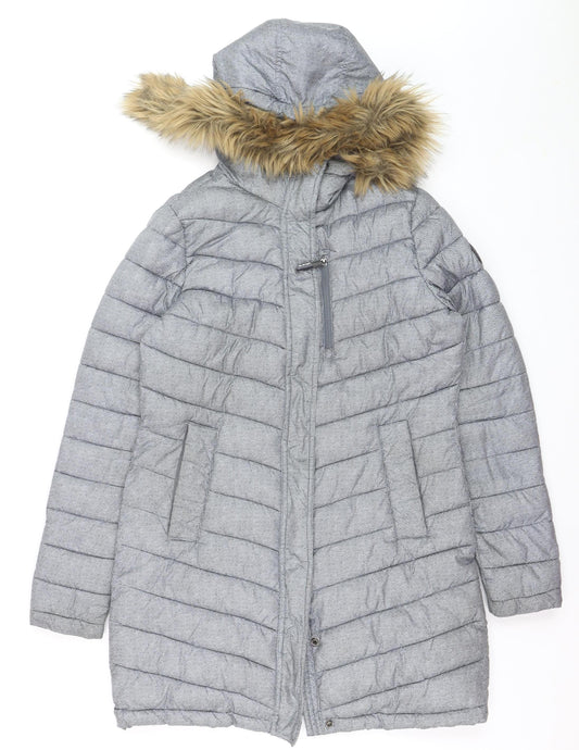 Superdry Women Grey Faux Fur Hooded Long Puffer Coat Size 12