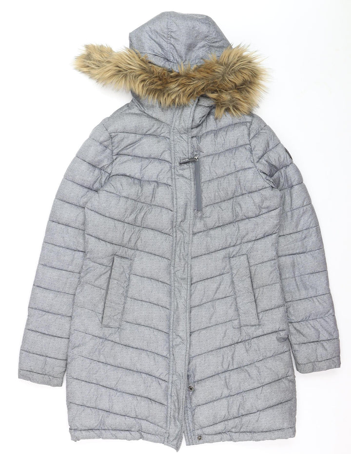 Superdry Women Grey Faux Fur Hooded Long Puffer Coat Size 12
