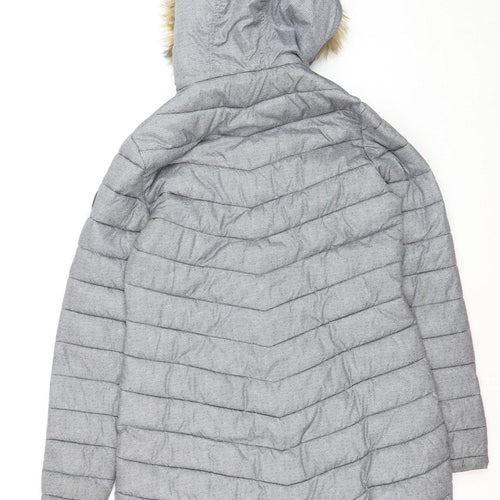 Superdry Women Grey Faux Fur Hooded Long Puffer Coat Size 12