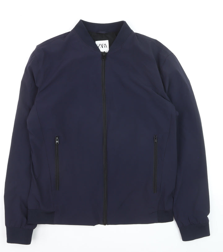 Zara Men Navy Blue Bomber Jacket XL Nylon Zip Pockets Casual