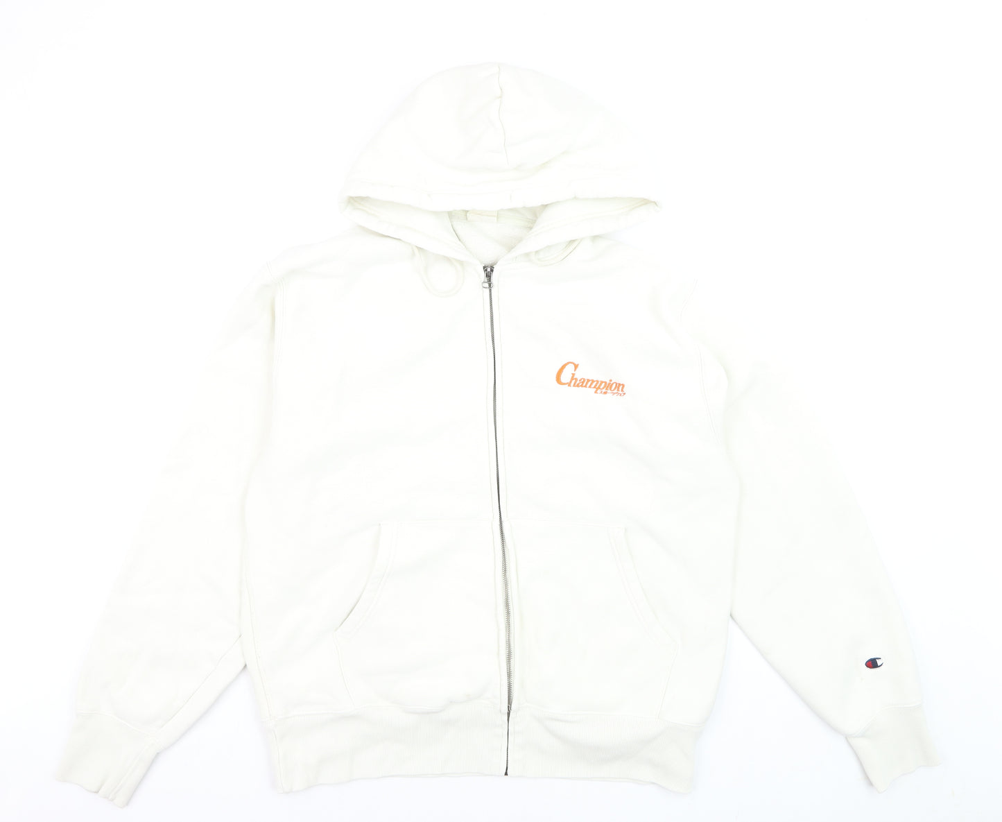 Champion Men's White Full Zip Hoodie Size L Logo Fleece Sweatshirt