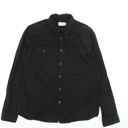 Topman Men's Black Cotton Long Sleeve Regular Fit Button-Up Shirt L